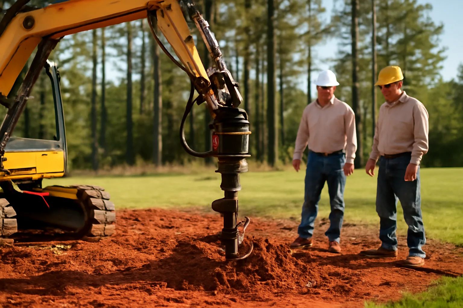 Helical pier being driven into clay soil by excavator-mounted torque head at Alabama residential site