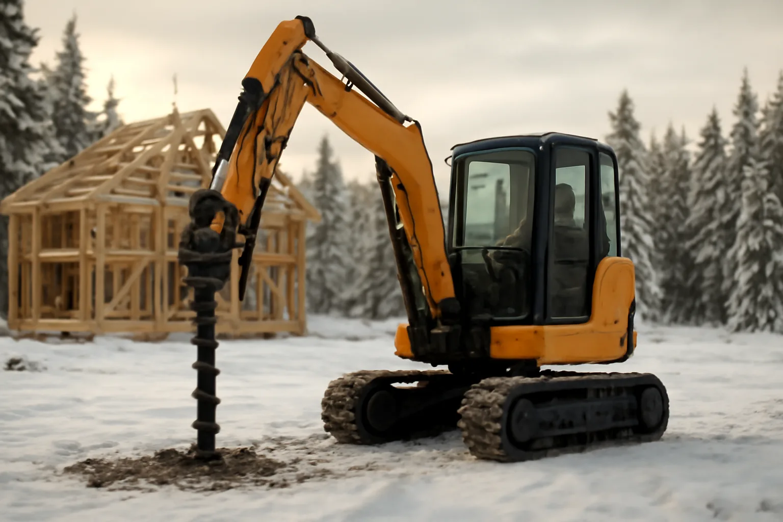 Mini-excavator installing a helical pier into frozen Alaska ground near timber framing