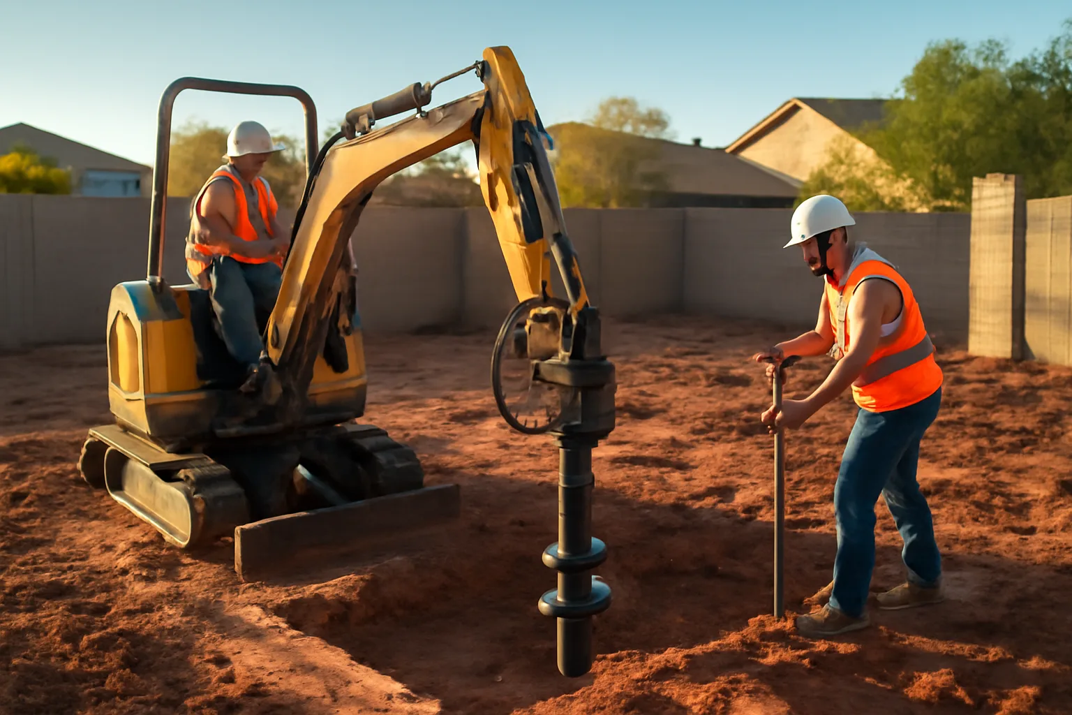 Crew installing a helical pier with hydraulic torque head in an Arizona residential backyard