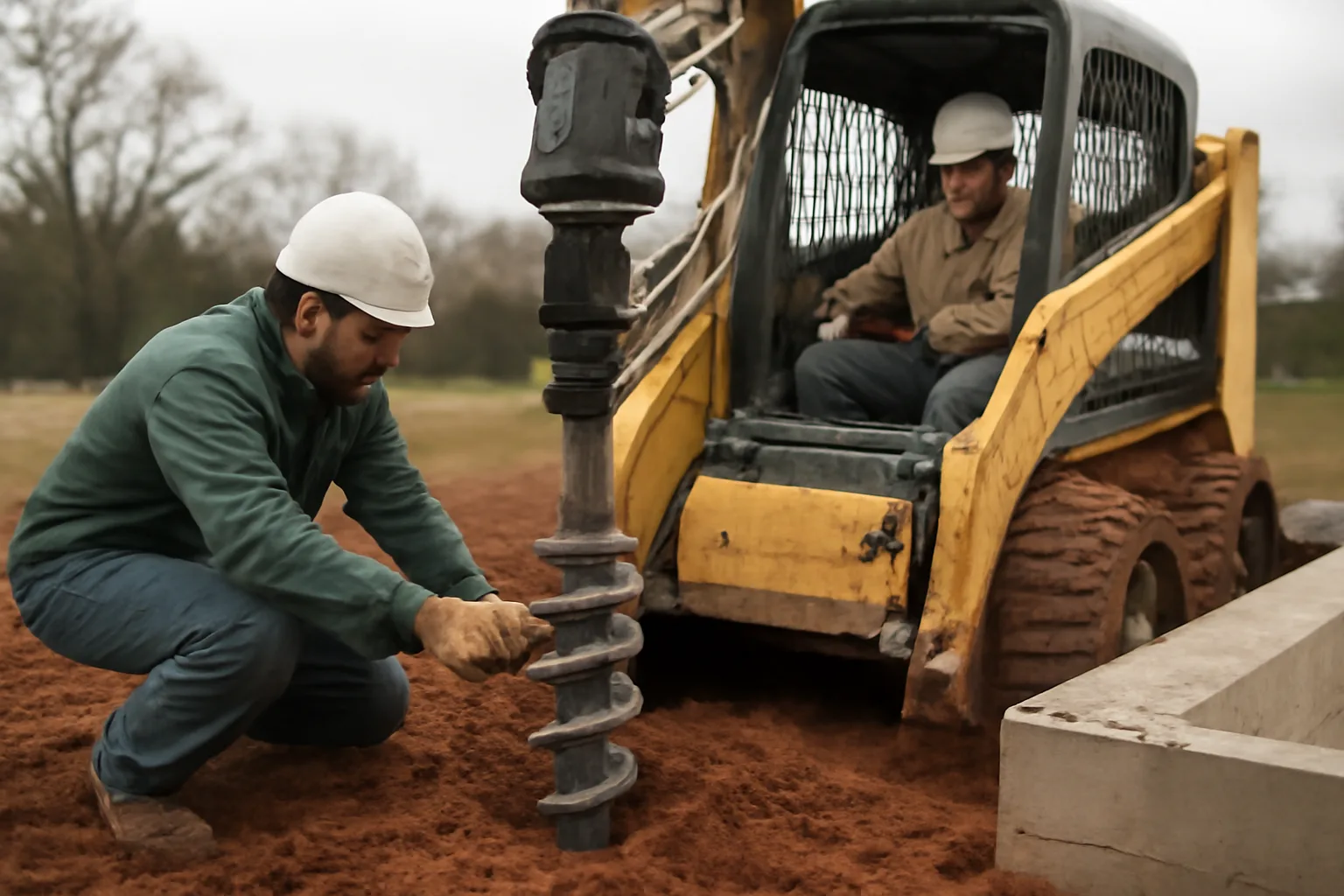 Crew installing a helical pier into Arkansas clay soil beside a concrete foundation