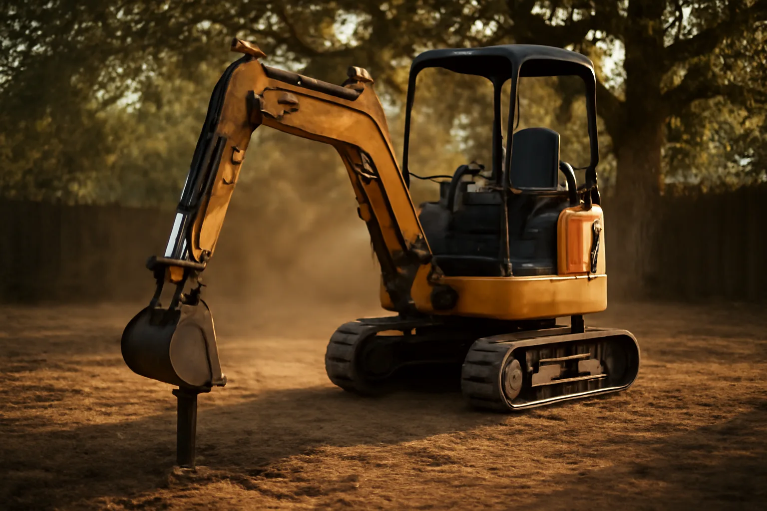 Excavator installing a helical pier in a California backyard