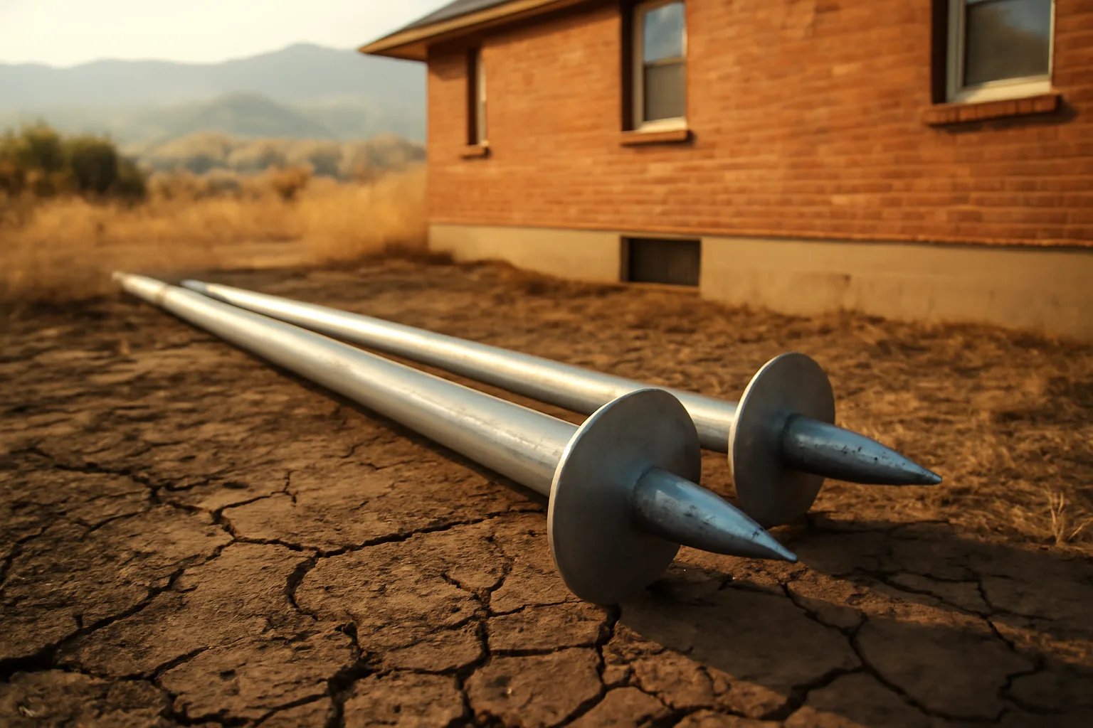 Steel helical piers on cracked Colorado clay beside a brick house