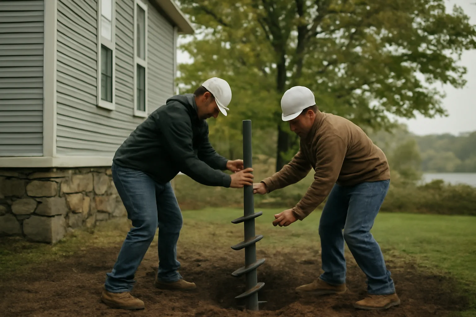 Workers set a helical pier beside a Connecticut house foundation