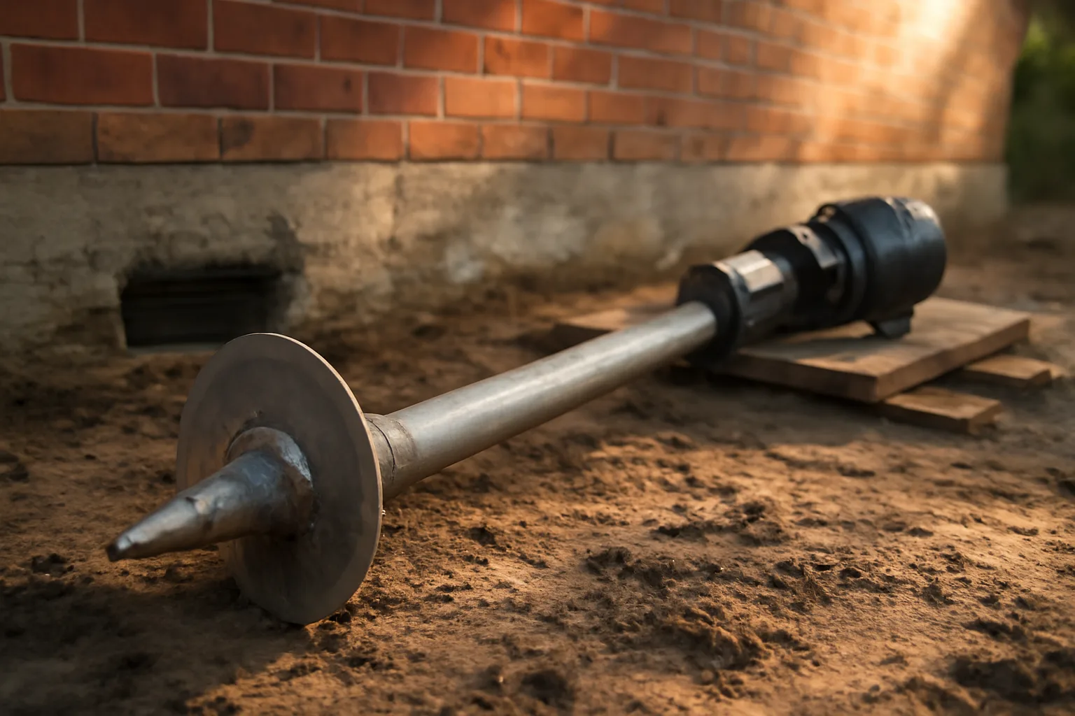 Steel helical pier on soil beside a Delaware house foundation