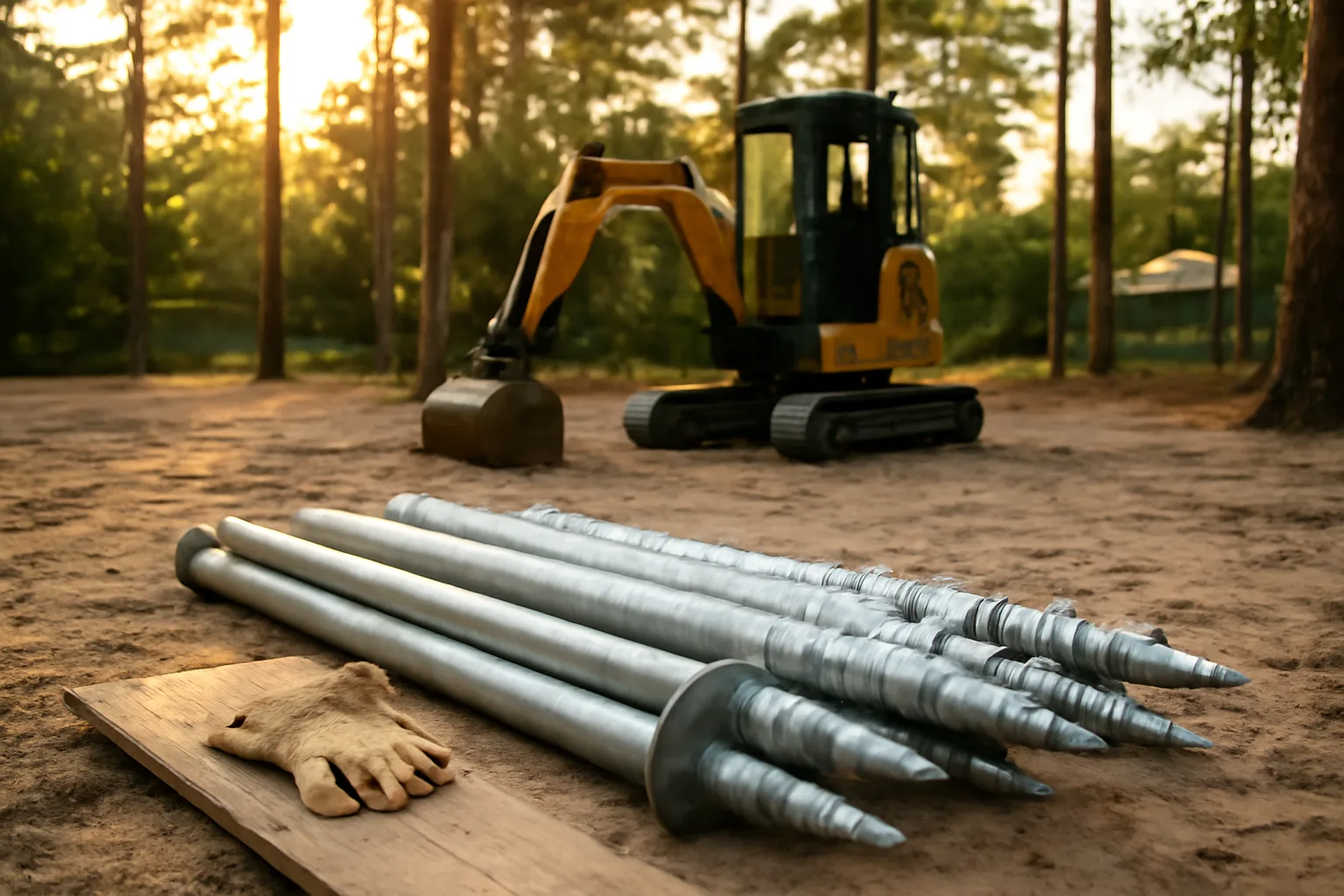 Galvanized helical piles on sandy Florida soil beside an excavator