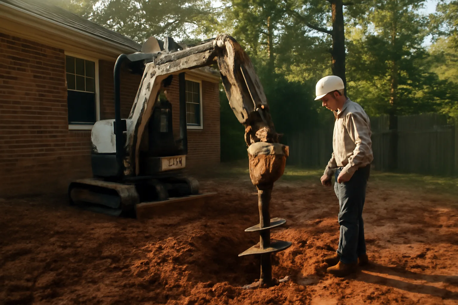 Helical pier installation in red Georgia clay beside a brick house