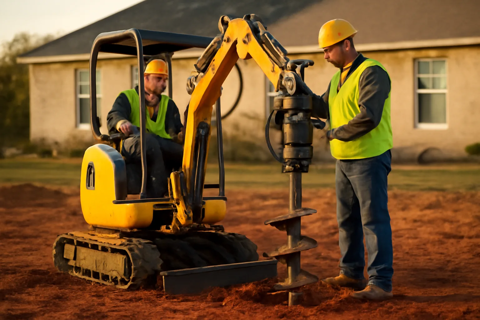 Crew installing a helical pier into red clay soil with a mini-excavator