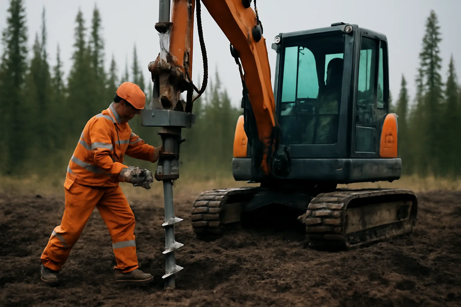 Worker installing a helical pier with a hydraulic drive head on an Alaska job site