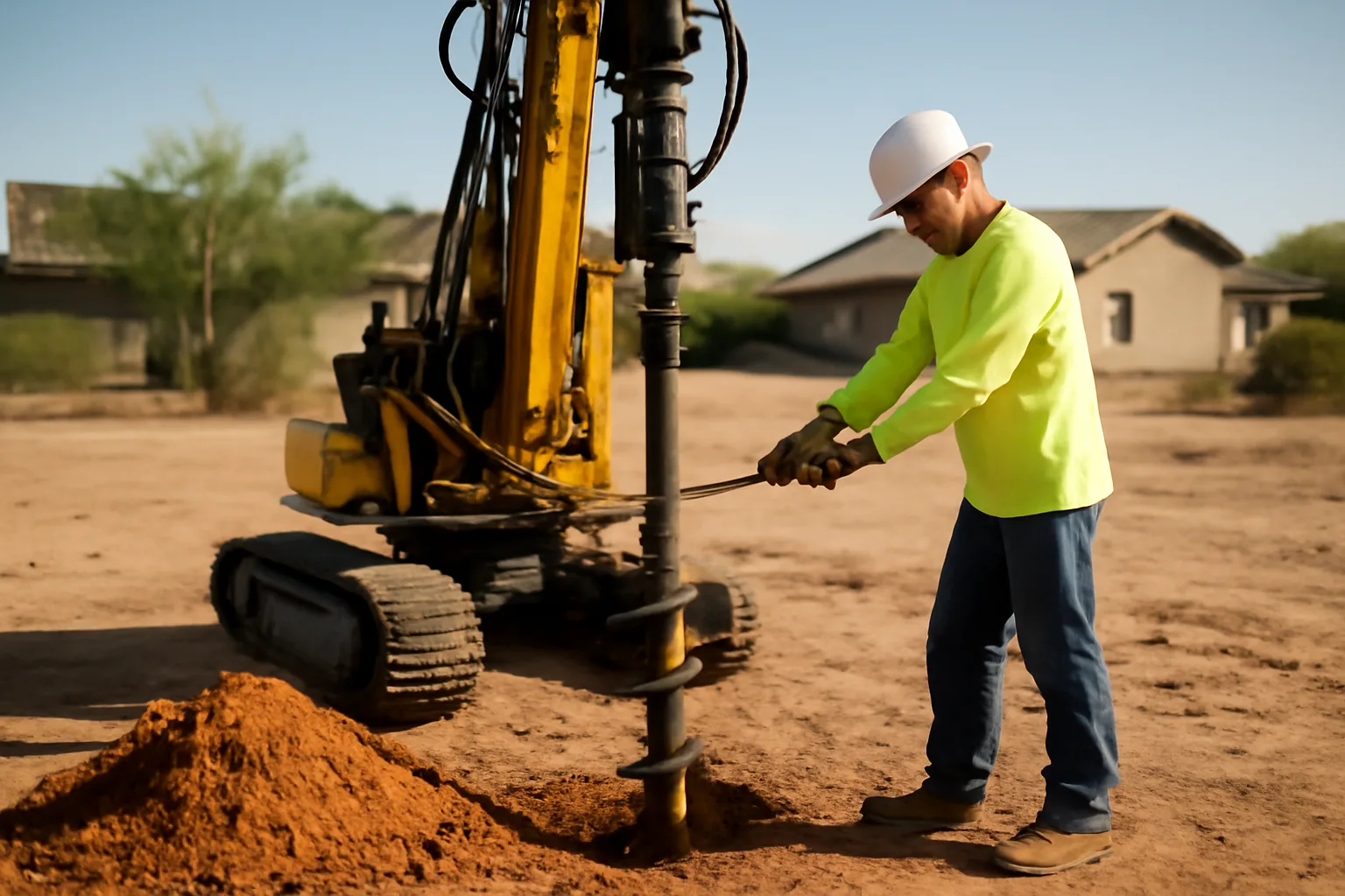 Helical pier rig drilling into Arizona desert soil near a residential foundation