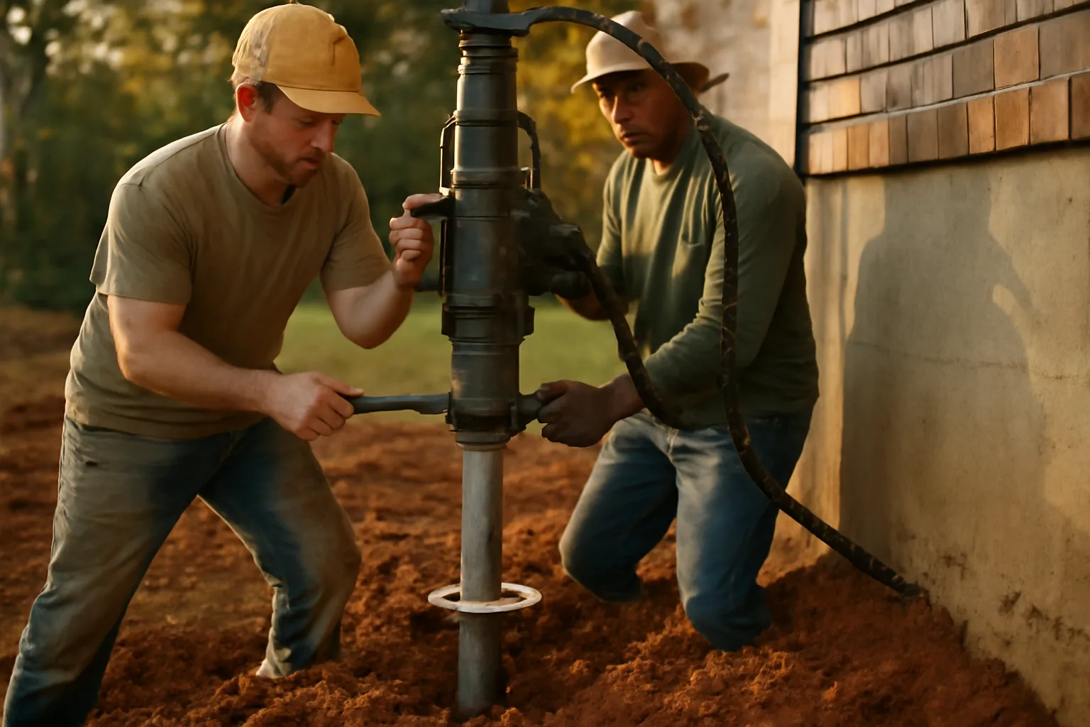 Crew installing a helical pier into clay soil at an Arkansas residential foundation