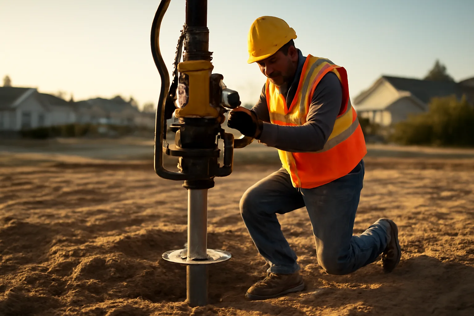 Worker driving a helical pier into California soil using a hydraulic torque motor