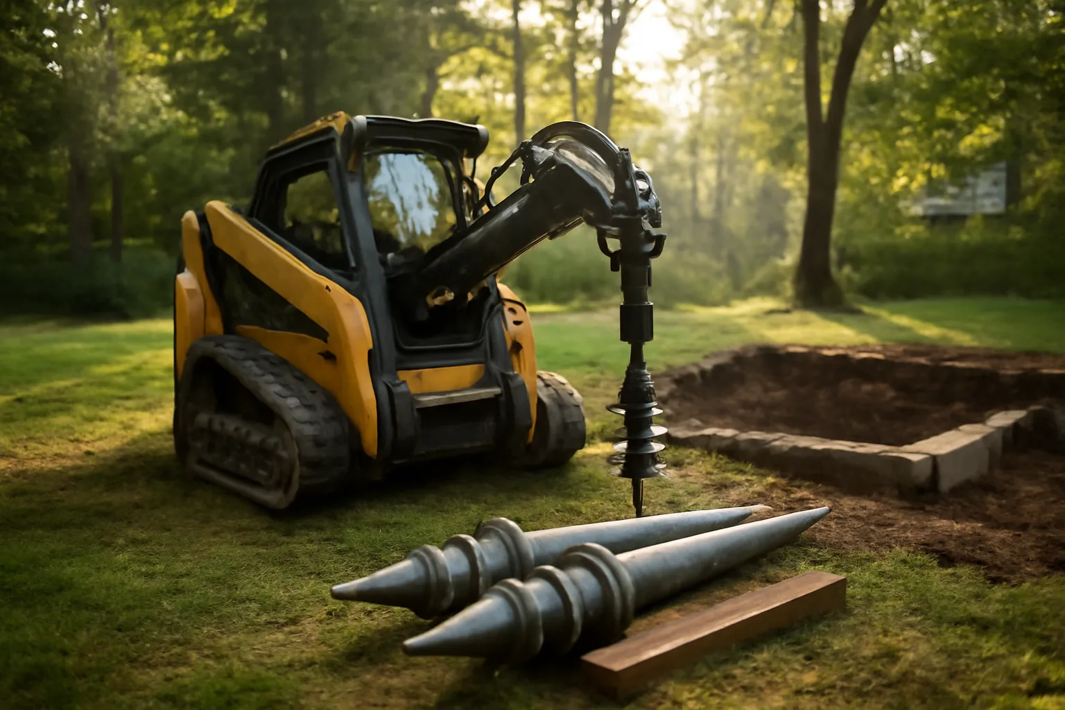 Helical pier shafts beside a Connecticut house foundation excavation