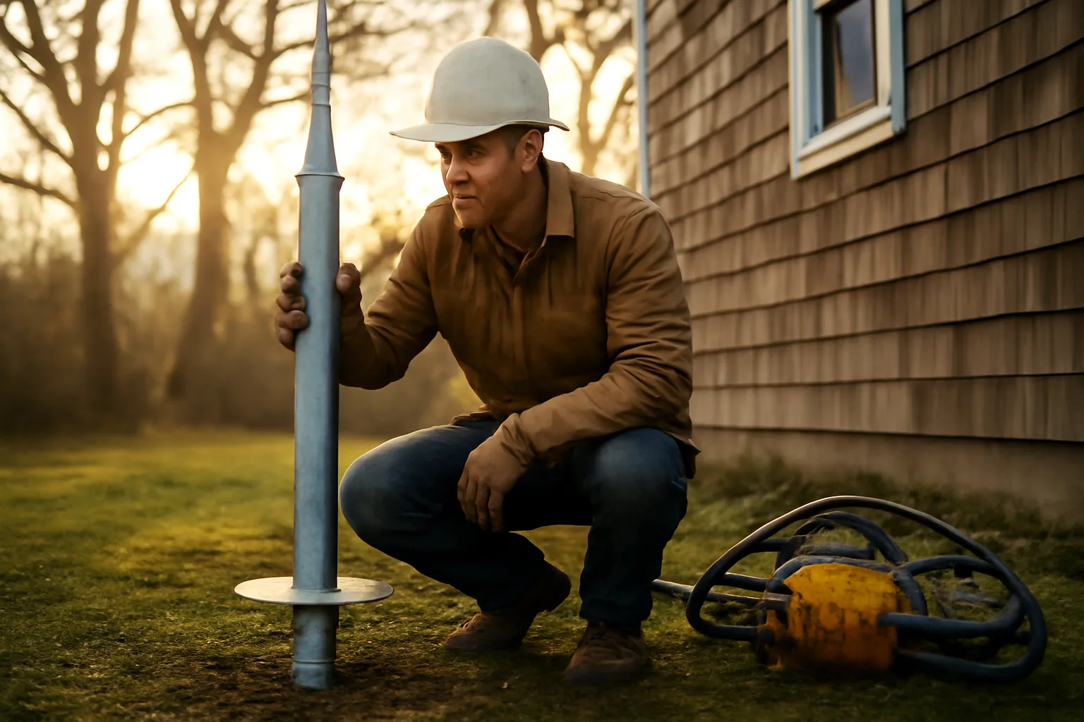 Worker beside a helical pier shaft on a Delaware lawn