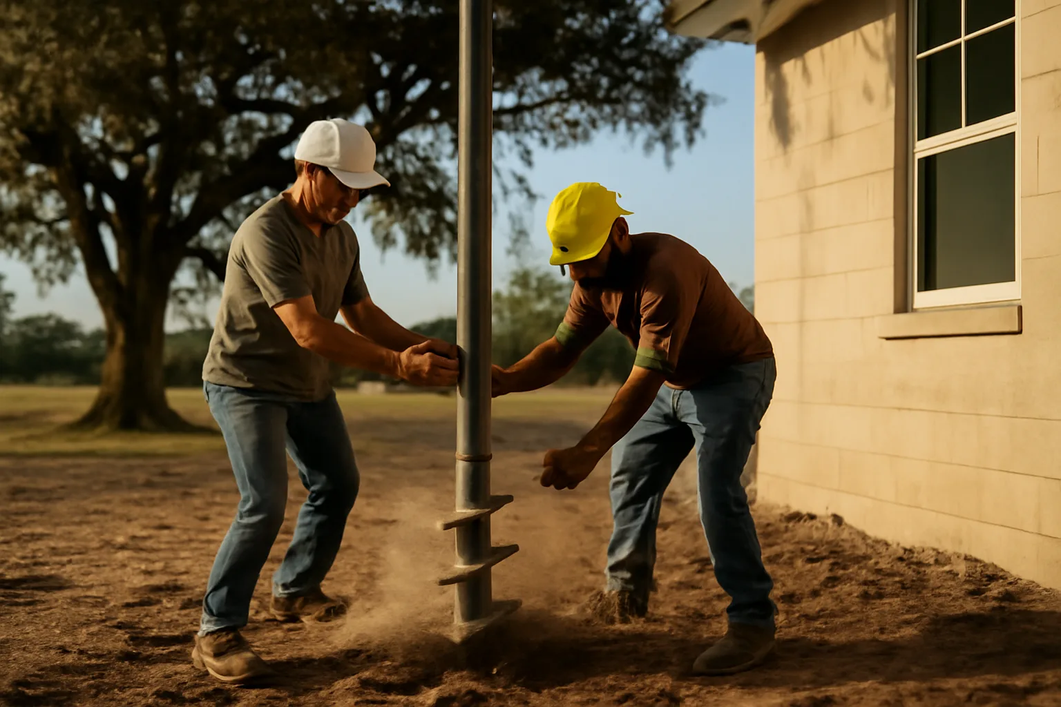 Workers install a helical pier in sandy soil beside a Florida house