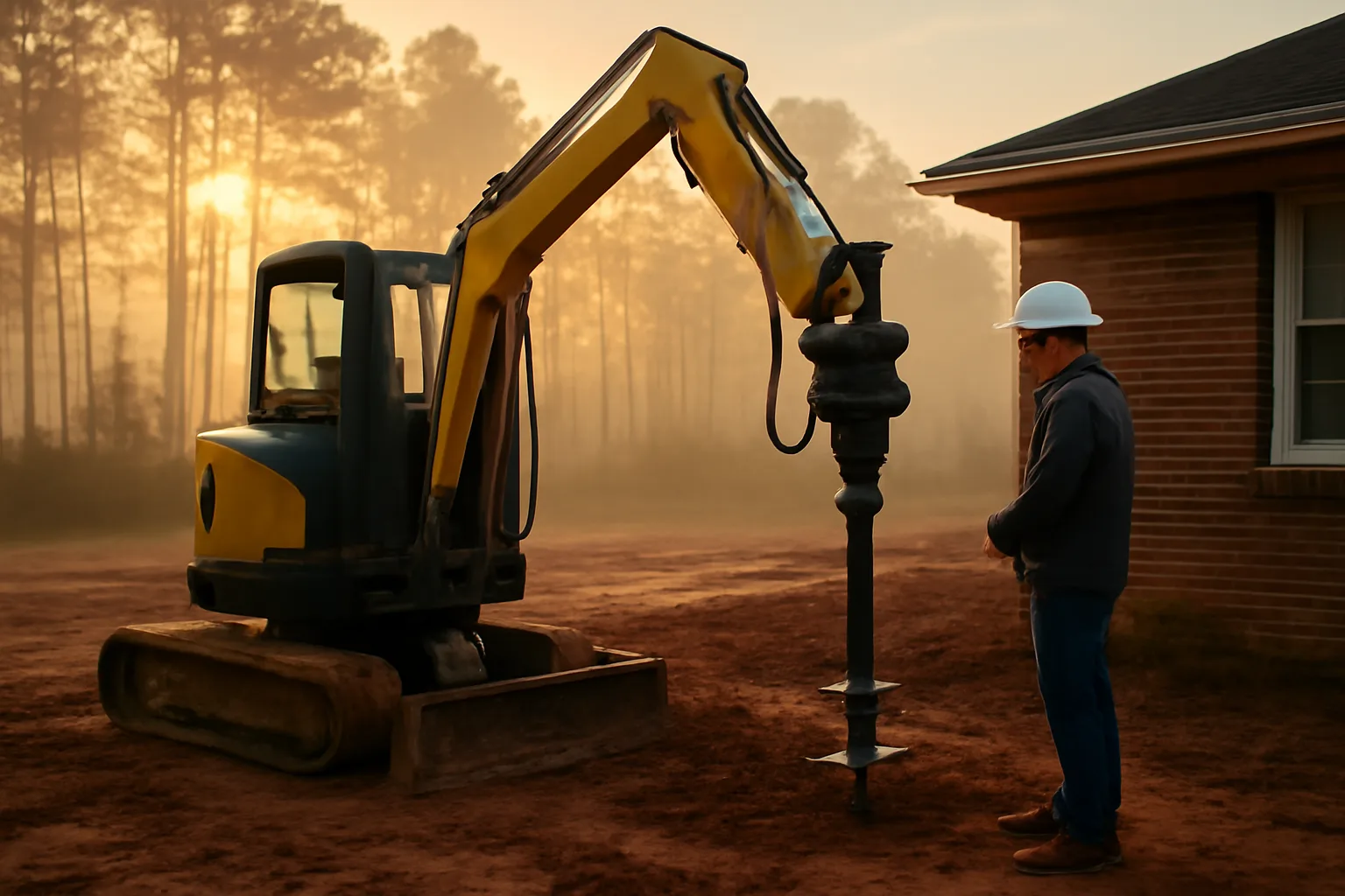 Helical pier driven into red Georgia clay beside a brick ranch