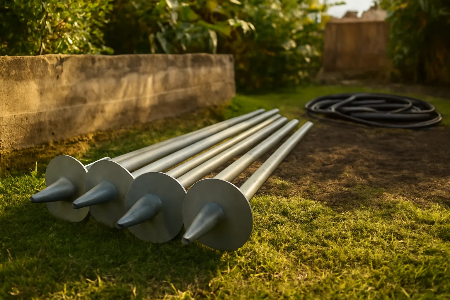 Steel helical pier shafts beside a Honolulu house foundation at sundown