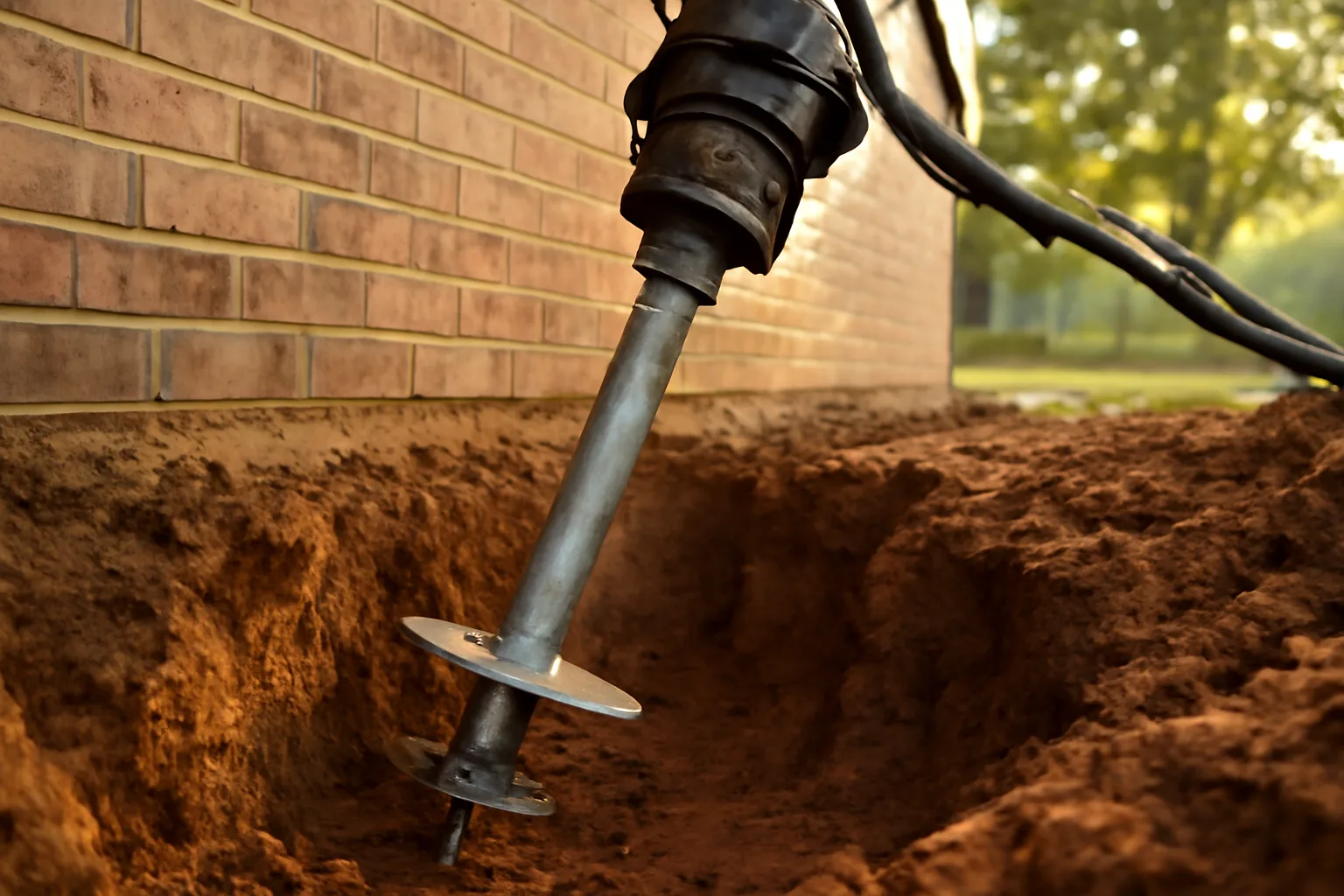 Helical pier being installed into Alabama clay soil beside a residential foundation