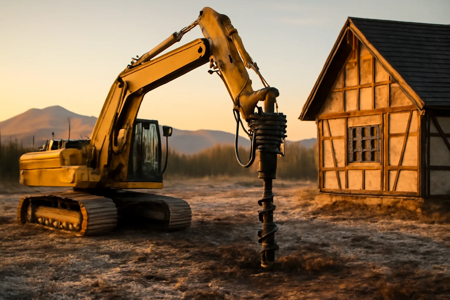 Tracked machine installing a helical pier into Alaska tundra near a timber structure
