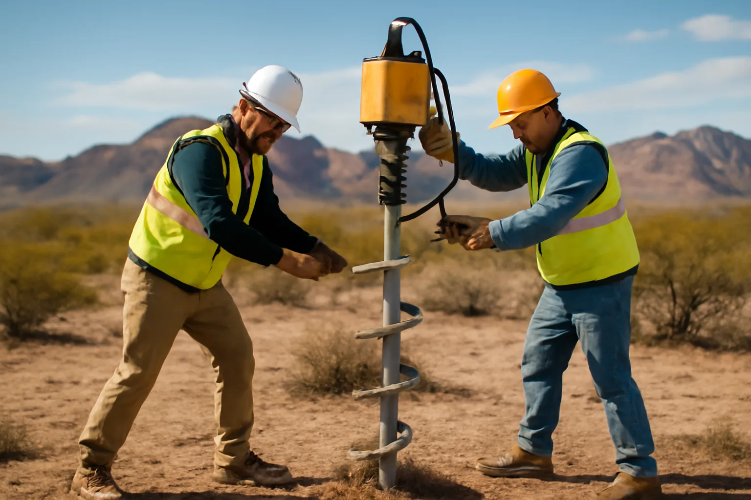 Workers installing a helical pier into caliche soil at an Arizona residential foundation site