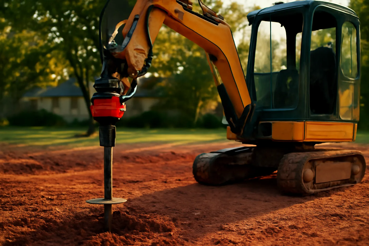 Mini-excavator drive head installing a helical pier into Arkansas clay soil