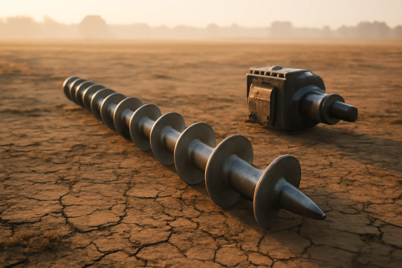 Steel helical pier on dry California clay in morning light