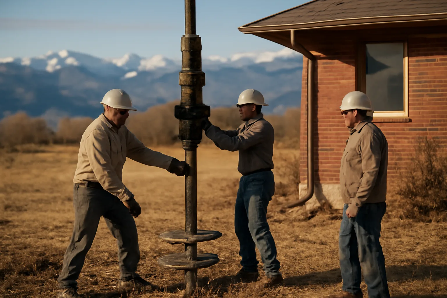 Steel helical pier going in beside a Front Range Colorado house