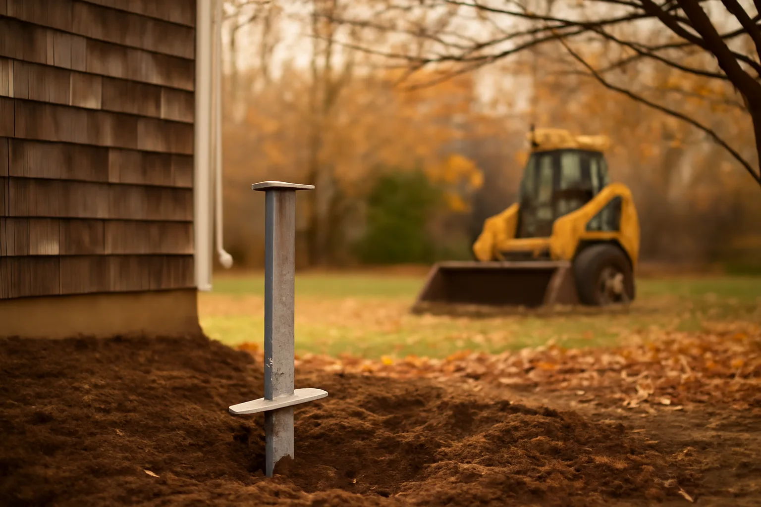 Steel helical pier being set beside a Connecticut house in autumn