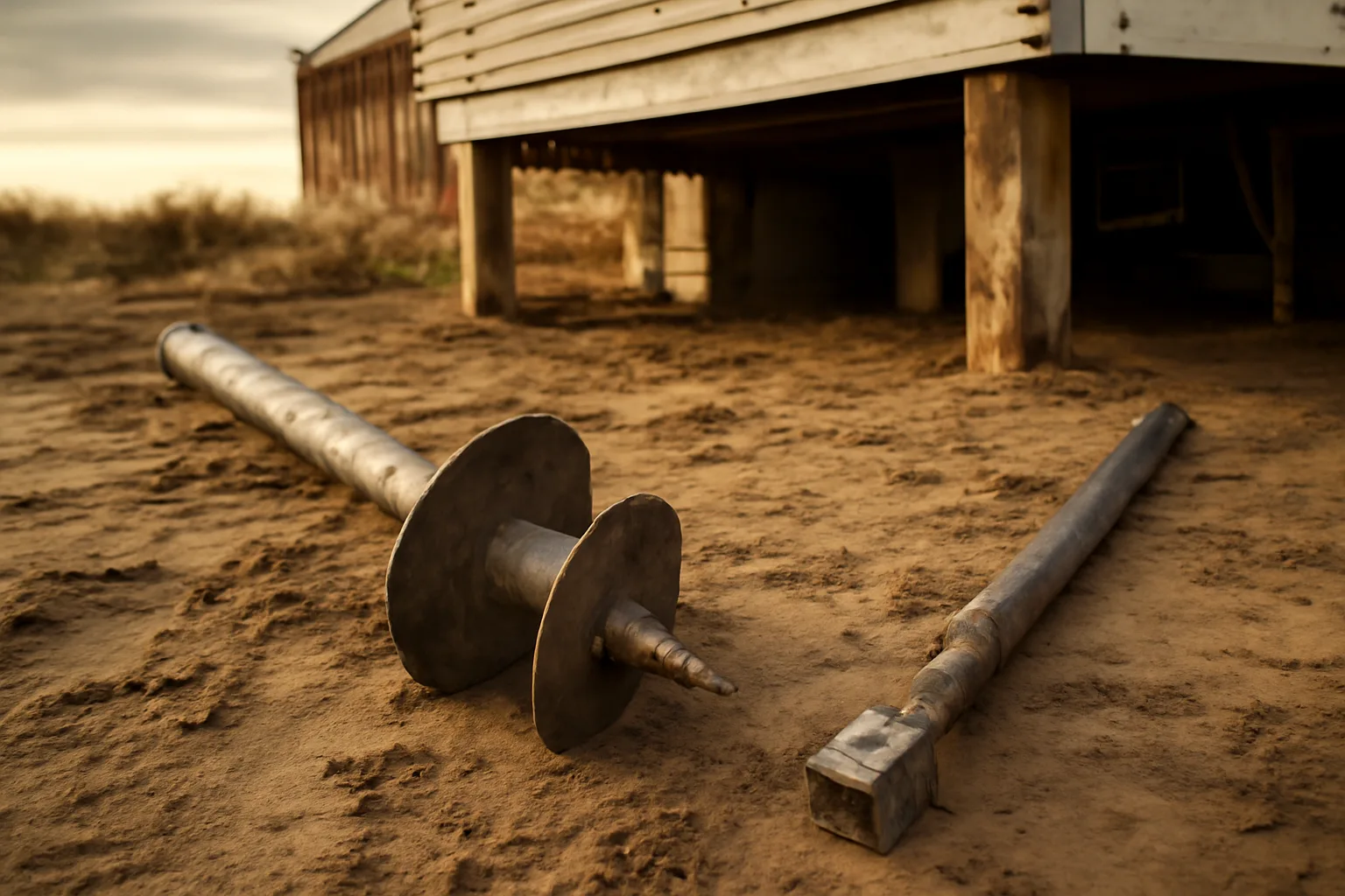 Steel helical pier on soil beside a Delaware house foundation