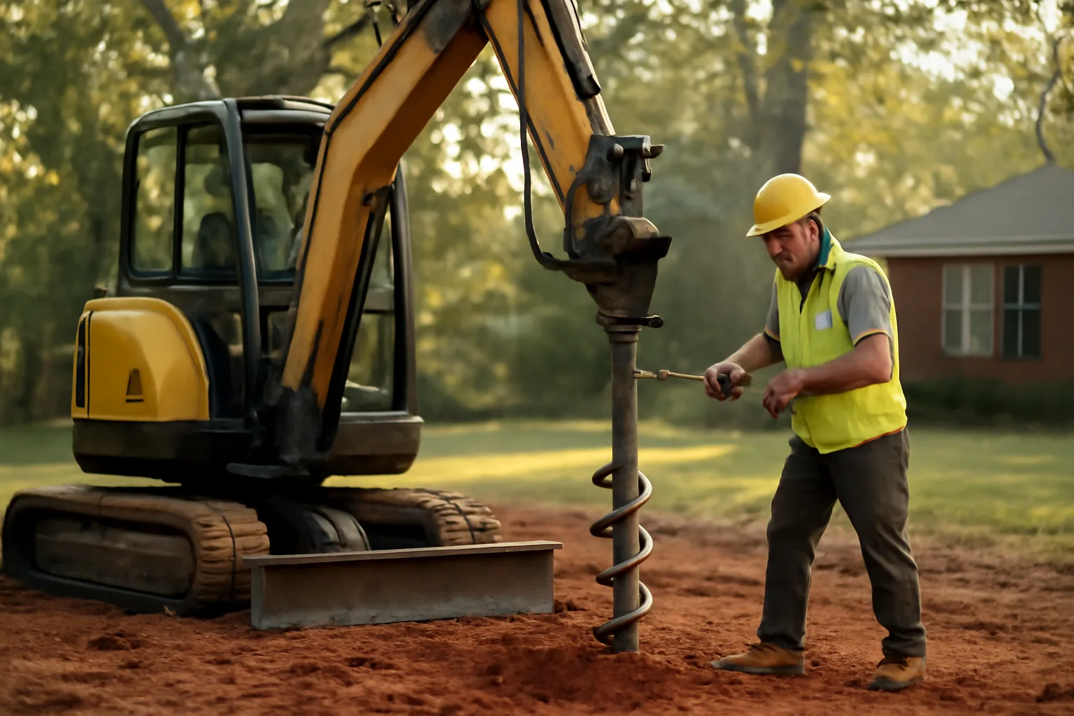 Mini excavator installing a helical pier into clay soil at an Alabama residential site