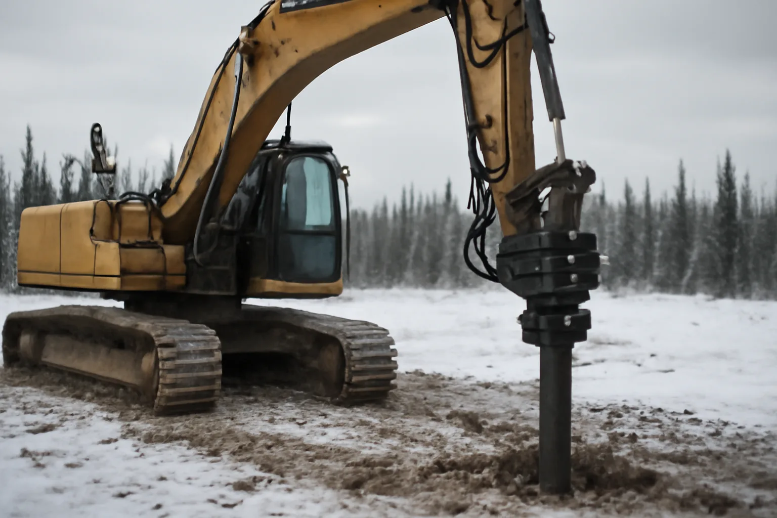 Excavator installing helical pier into frozen Alaska ground at a remote job site