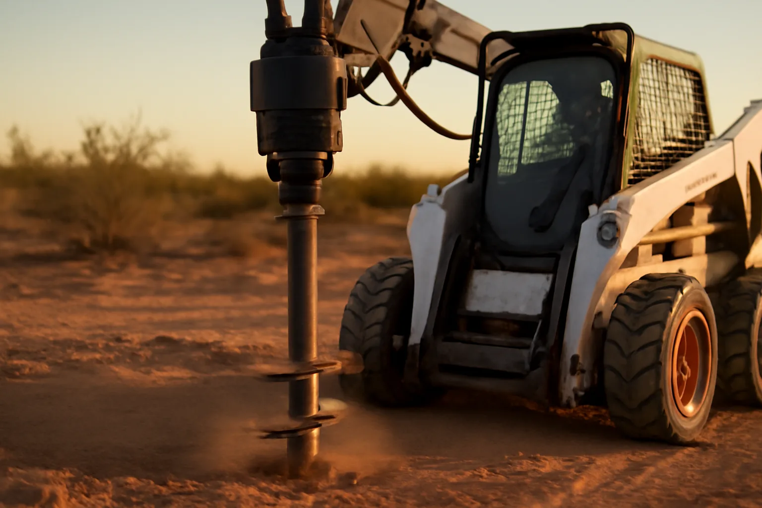 Helical pier installation machine driving steel shaft into Arizona desert soil