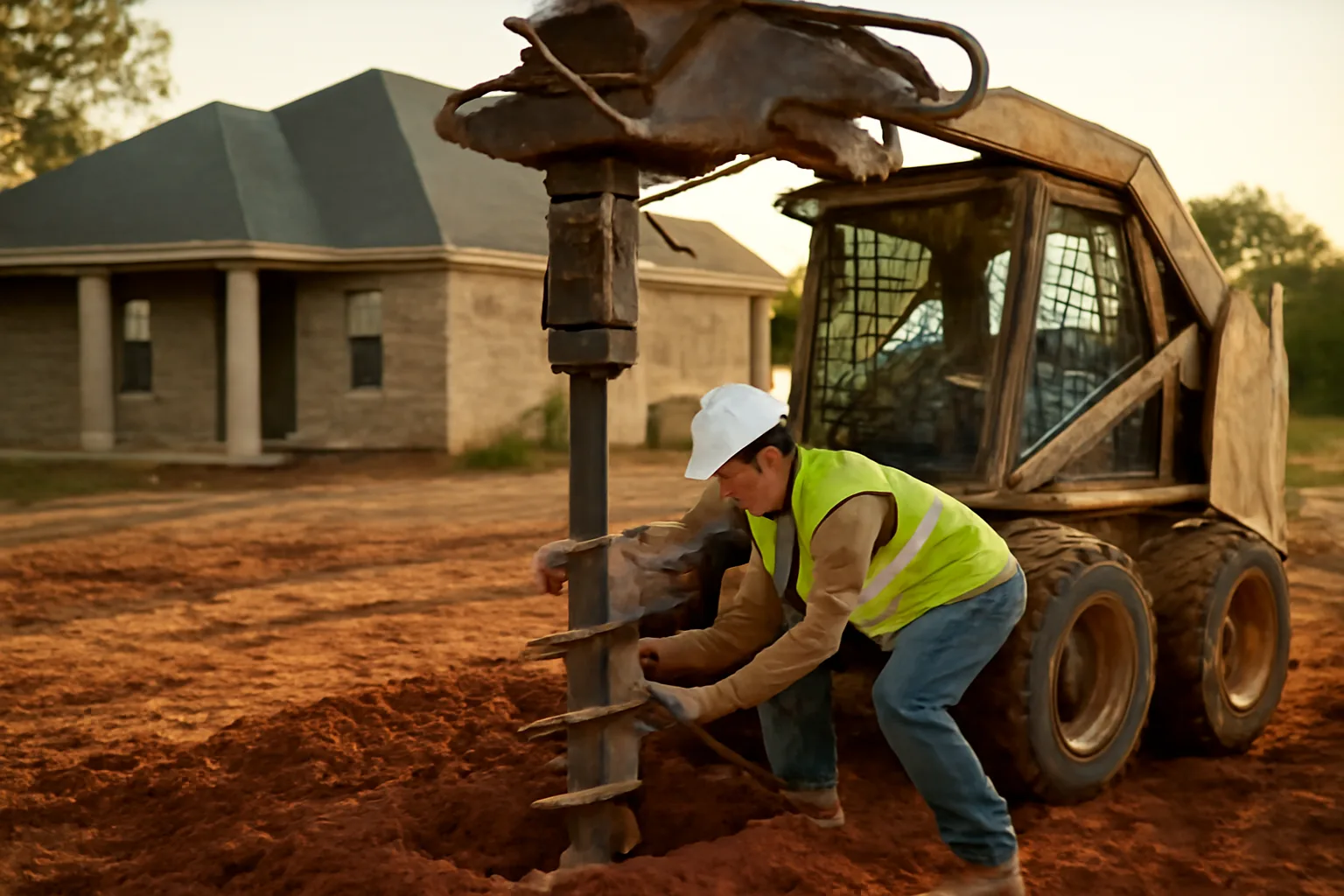 Skid steer driving helical pier into Arkansas clay soil at a residential job site