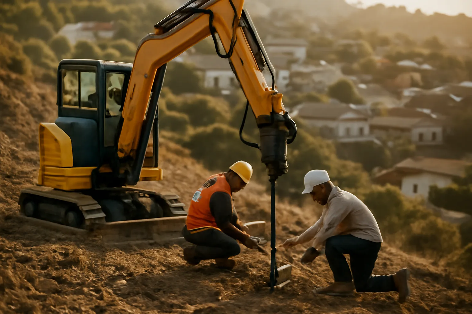 Compact excavator installing a helical pier shaft into California hillside soil with workers guiding placement