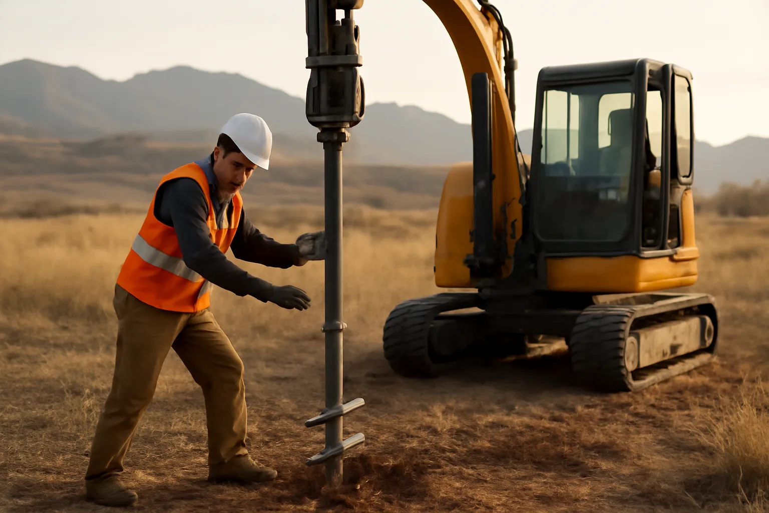 Worker sets a helical pier into clay near Colorado foothills