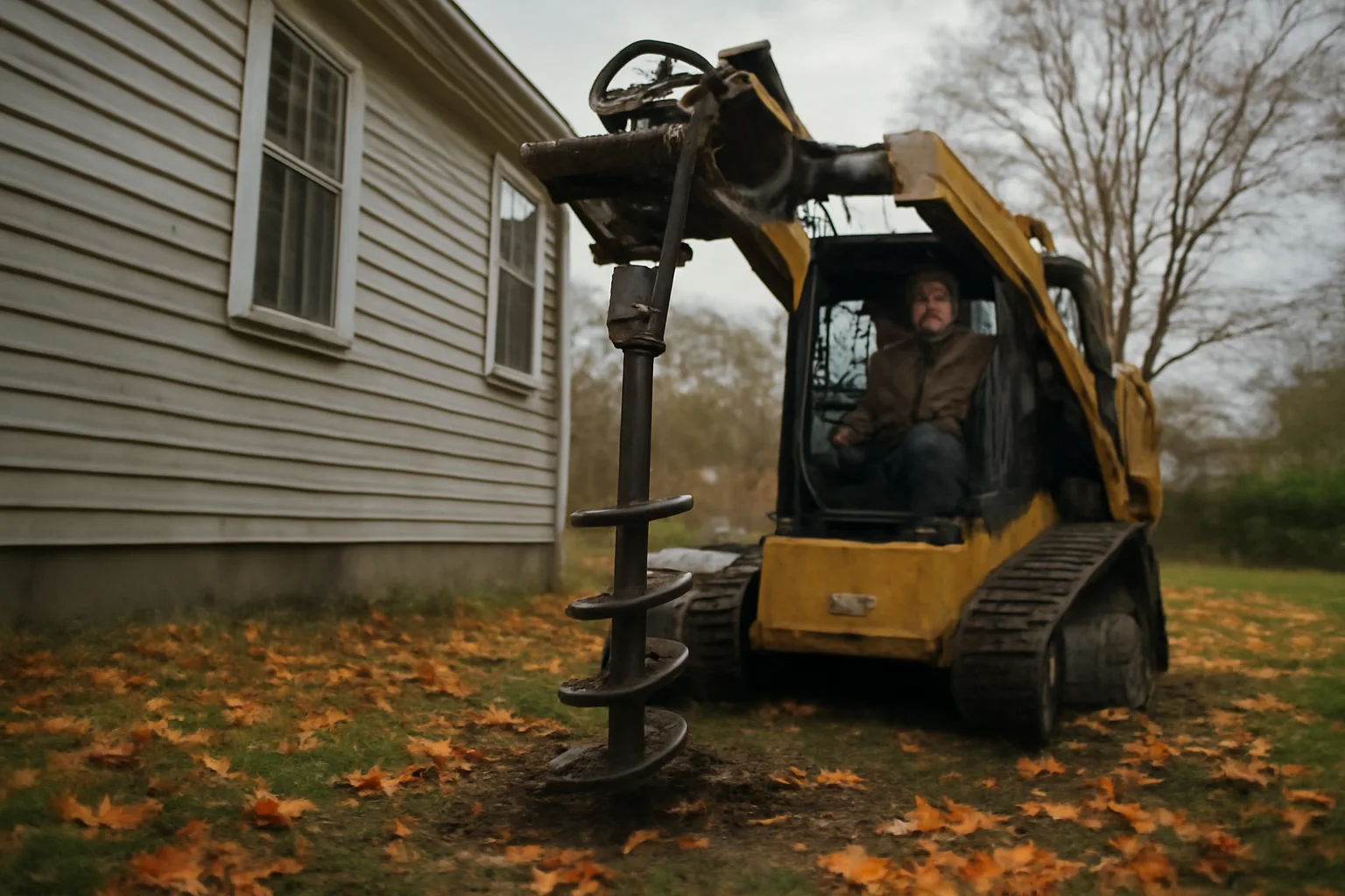 Helical pier installation beside a clapboard Connecticut house in fall