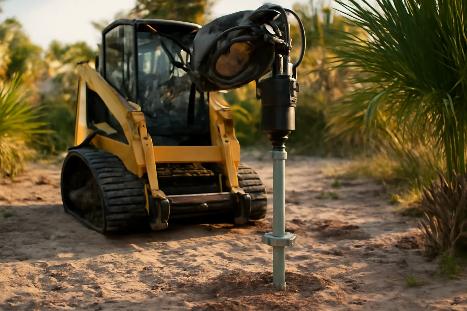 Track loader setting a helical pier on sandy Florida soil