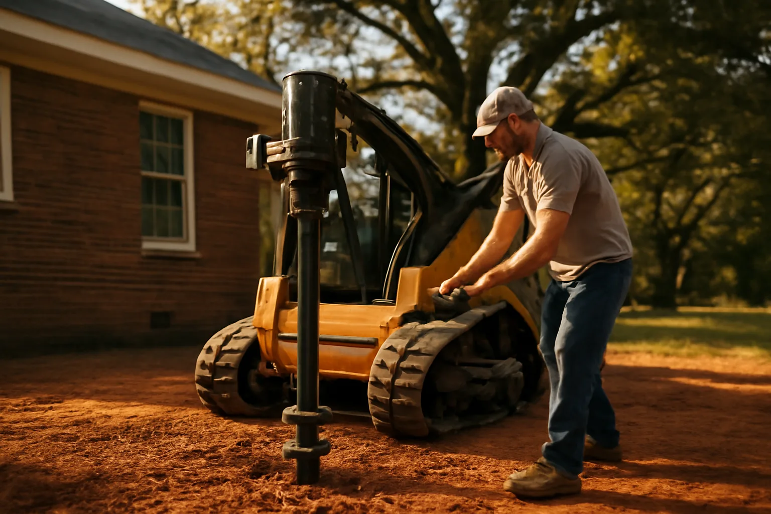 Worker guides a helical pier into red Georgia backyard clay