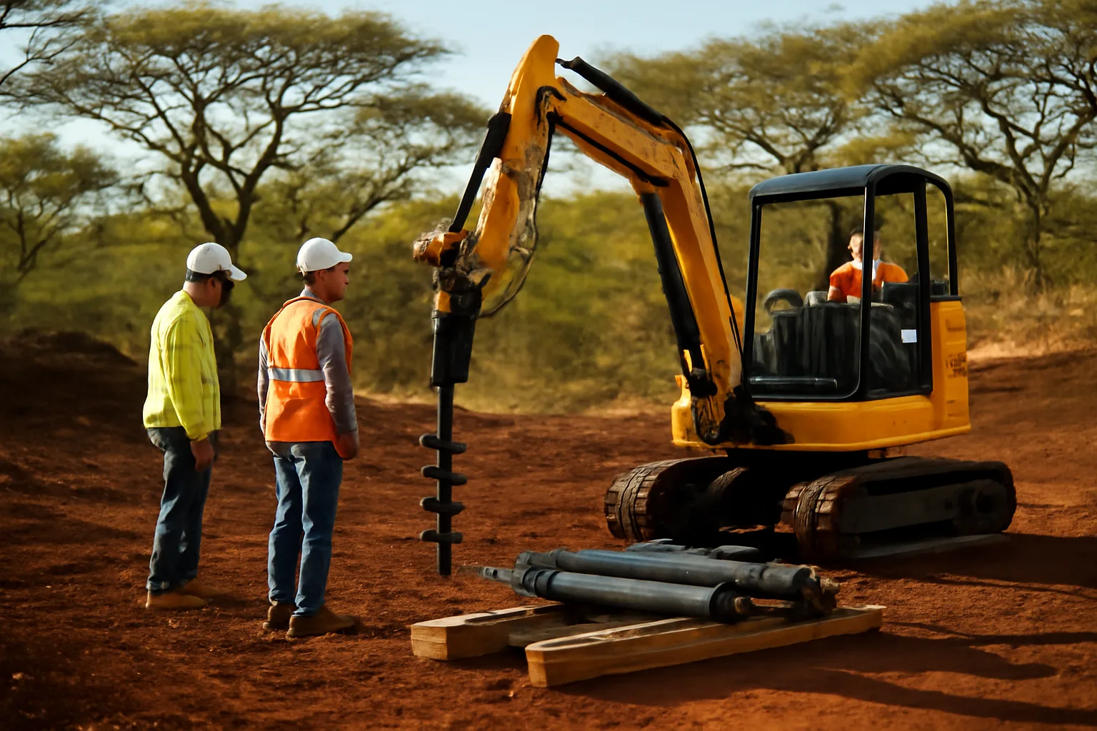 Workers stage helical pier equipment on volcanic soil in Hawaii